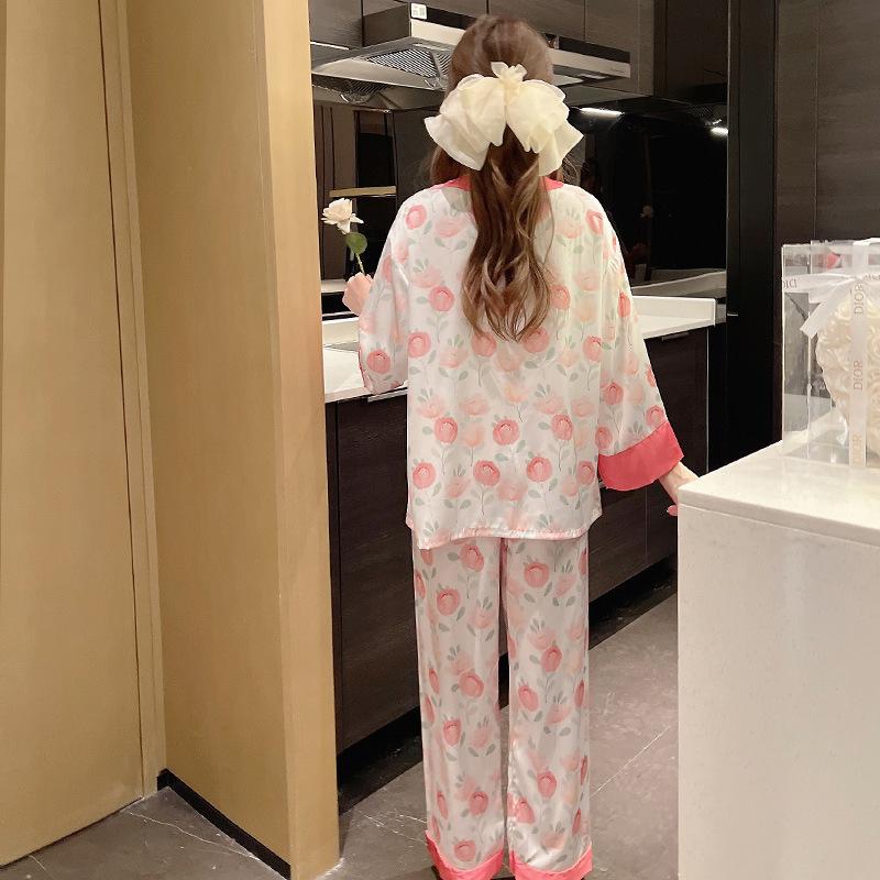 Pajamas women's spring and autumn new ice and snow silk printing long-sleeved two-piece set loose large size can be worn outside loungewear set