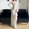 Women's One-Shoulder Ruffle Ribbon Mesh Dress with Floral Design - Early Autumn Slit Long Dress