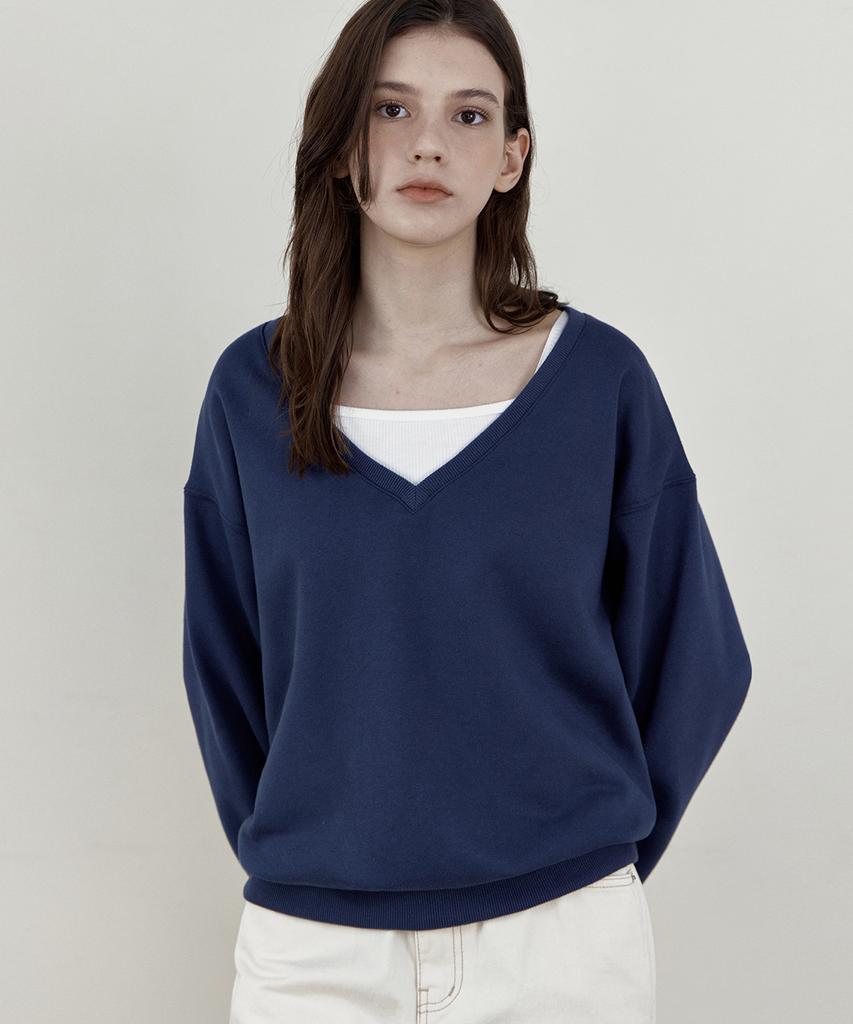 WEDNESDAYOASISFORWOMEN Deep V-Neck Sweatshirt_Navy(Wb6Tp49)