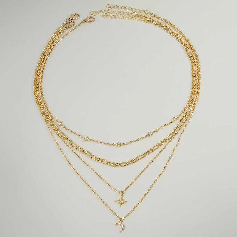 Elegant Cubic Zirconia Star & Moon Pendant Multilayer Necklace, Gold-Tone Chain Suitable For Women's Daily Wear, Party, Festival