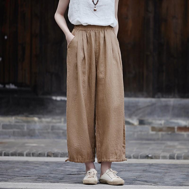 Johnature Pantaloni drepți din bumbac și in pentru femei Pantaloni de toamnă de culoare solidă Buzunare cu talie elastică Pantaloni vintage până la gleznă