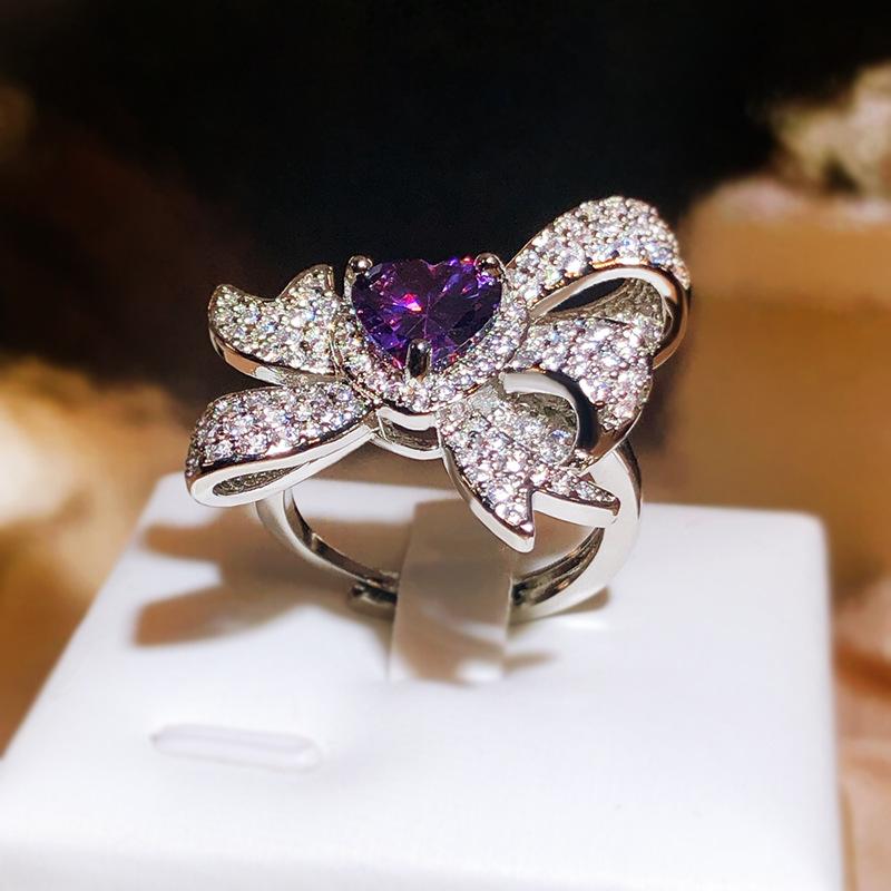 Silver Exaggerated Sapphire Creative Bow Ring Vivid Bright Luxurious Inlaid Butterfly Ring Party Gift