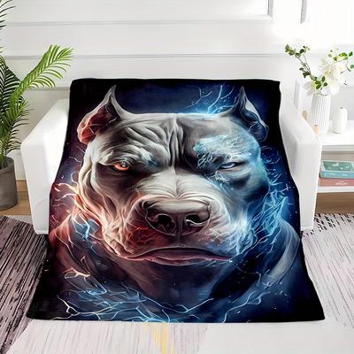 Pitbull Dog Flannel Blanket,Fire and Ice Cartoon Print, Soft Non-Shedding All-Season Throw,Modern Themed Gift for Home and Decor