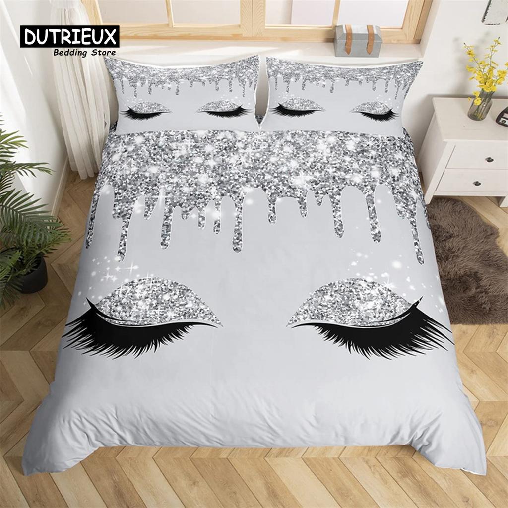 Eyelash Duvet Cover Set Eyes Pattern Design Comforter Cover Microfiber Girly Priness Style Glitter Twin King Queen Bedding Set