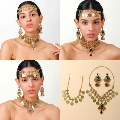 Exaggerated Diamond Jewelry Set Vintage Bohemian Round Earrings Rice Bead Pendant Necklace
