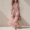 Women Pink Off Shoulder Maxi Dress V Neck Ruffle Tiered Slit Summer Dress