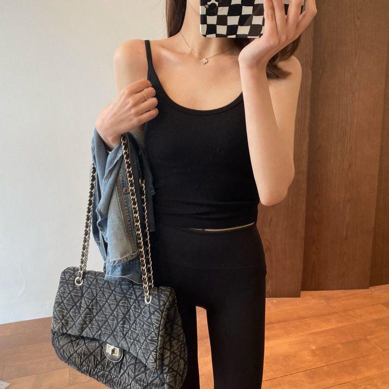 Solid Color Seamless Ribbed Slim-Fit Thin Strap Camisole with Built-In Bra Pads G021819 Advanced Black One size