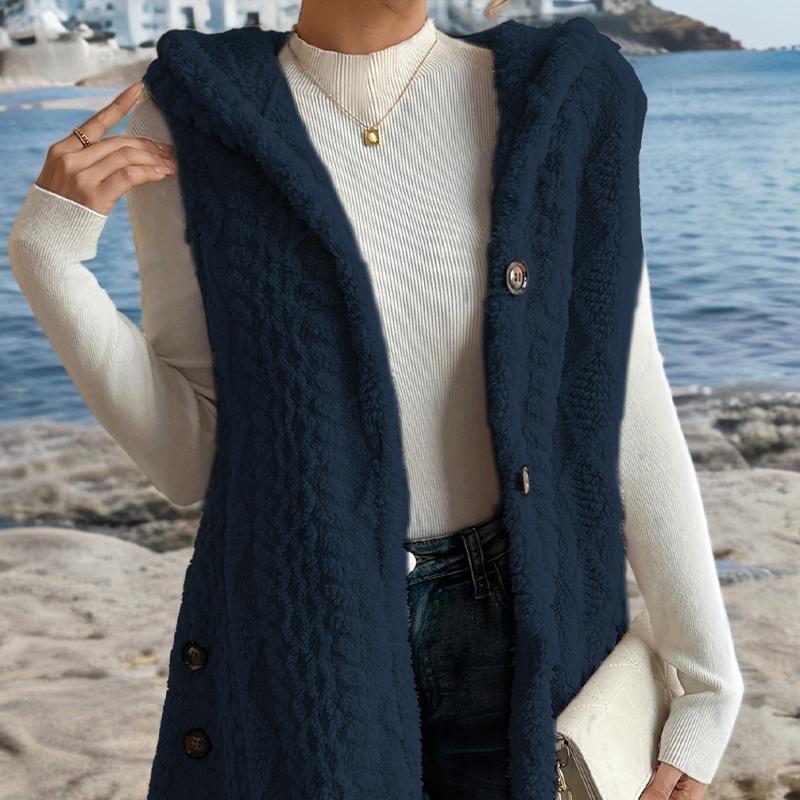 Női Kétoldalas Plüss Mellény Kapucnis Gombos Kardigán Ősz Tél Egyszínű