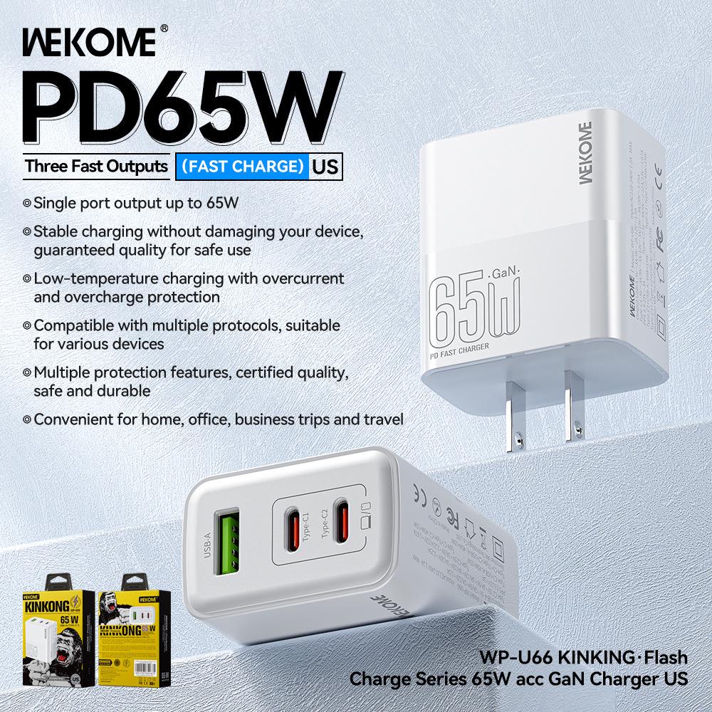 Wekome 65W Diamond Low-Temp Fast Charger with Three-Port Output (US/EU/UK Specs)