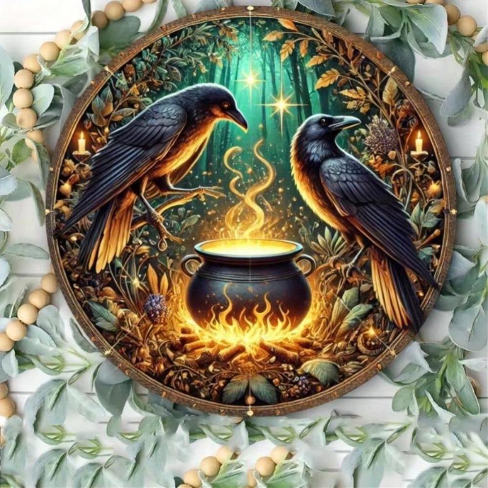 Vintage Metal Tin Wall Decor Crow Cauldron Art Sign Gift