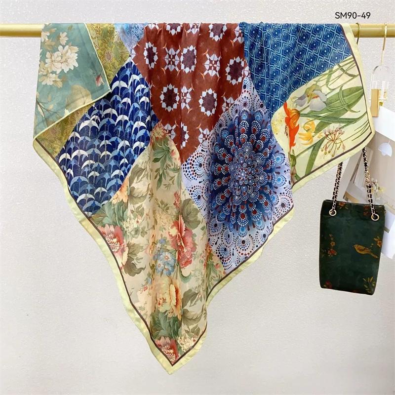 Double-Sided Faux Silk And Wool Printed Scarf For Women Spring And Autumn 90Cm Square Scarf Foulard Bandana Femmel Headscarf