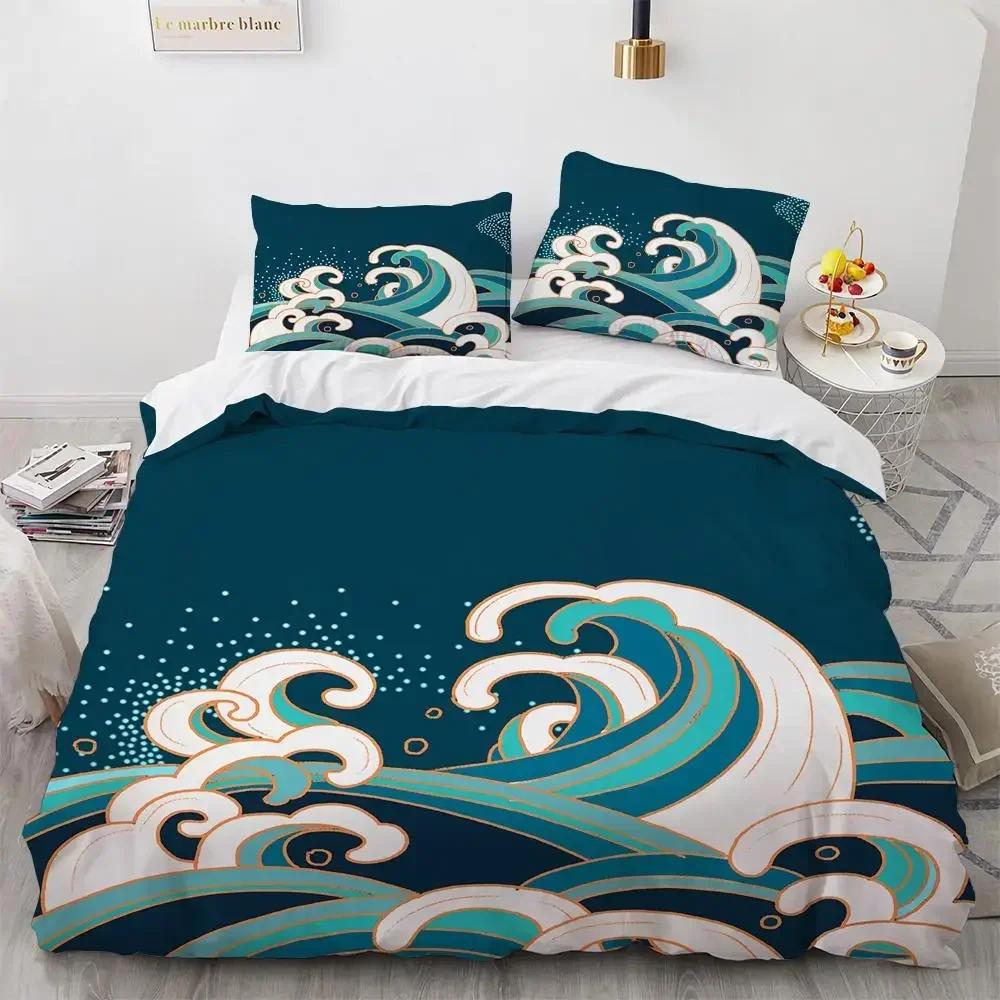 Wave Duvet Cover Set Hokusai Pattern Japanese Ukiyoe Quilt Cover Oriental Sketch Style Ocean Queen Twin Polyester Bedding Set
