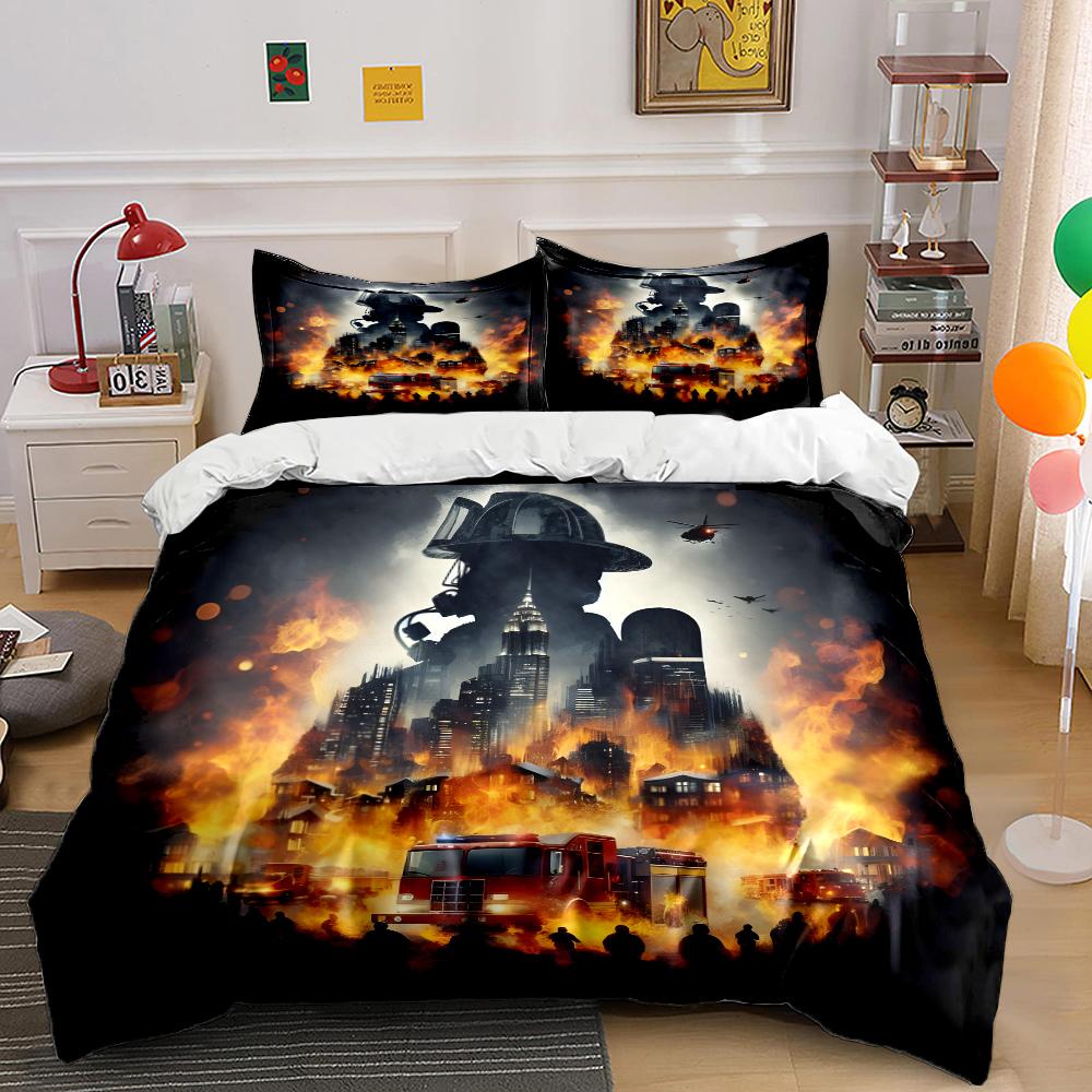 City In Flames With Firefighter Hero Print Soft Comfortable Duvet Cover Bedding Set Included 1*Duvet Cover  2*Pillowcases