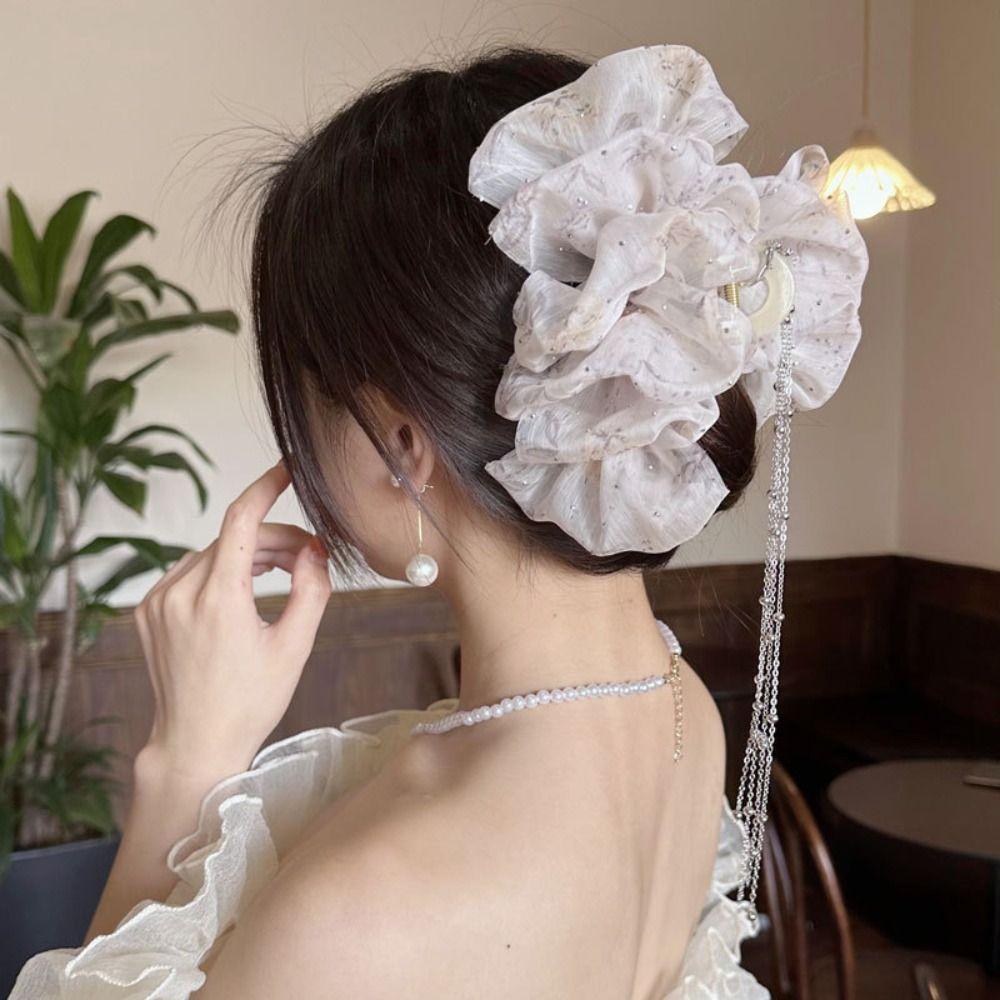 

Print Bow Hair Claw Chiffon Mesh Ponytail Clip Elengant Bow Shark Clip Party