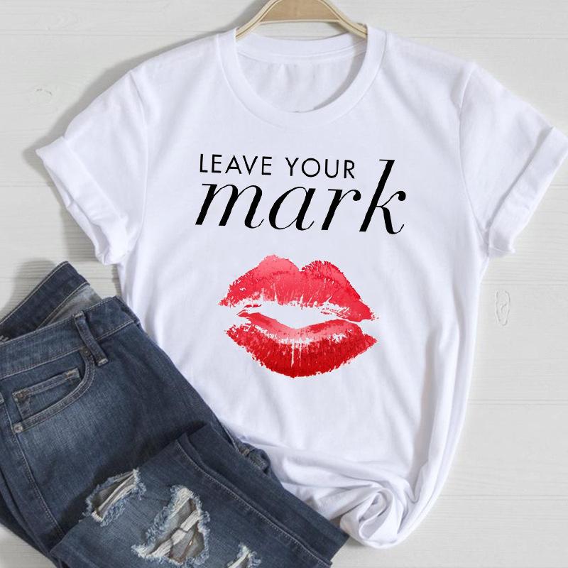 Sommar Dammode Tryckta Läppar Ren Bomull Rund Hals Lös T-shirt Dam