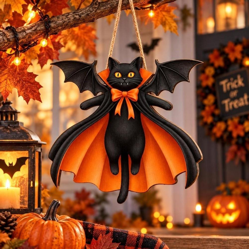 Wooden Black Cat Pendant 2D Flat Halloween Decoration Vintage Hanging Decoration Sign  Halloween