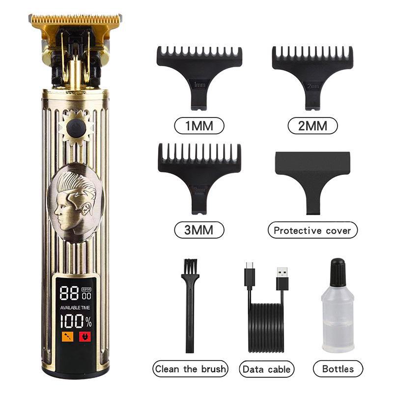 Retro T9 Electric Hair Clipper with LCD Display, USB Charging, Buddha Head Design, Oil Head Styling, and Power Push Technology.