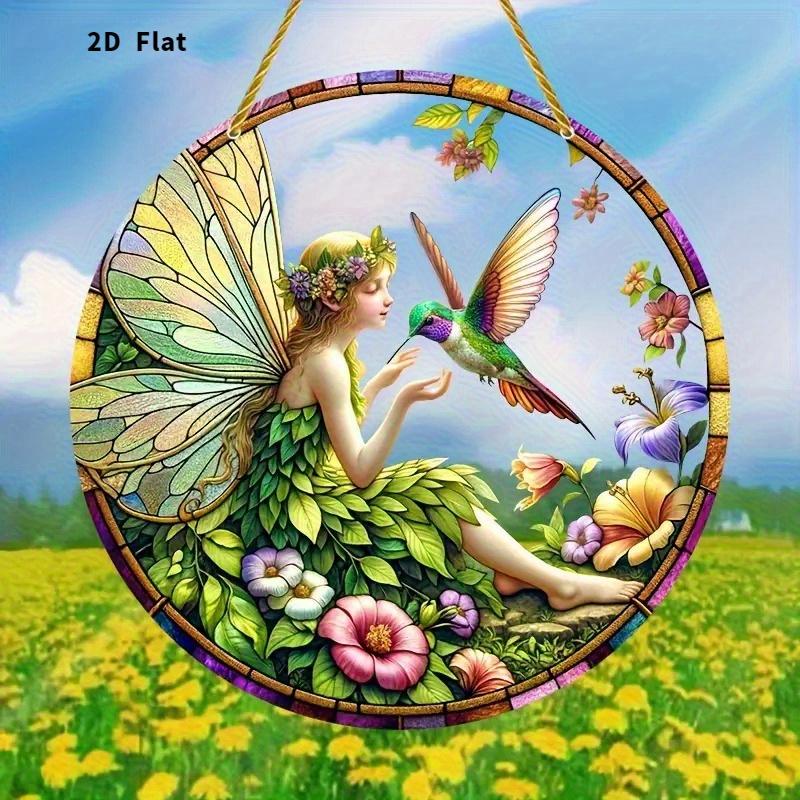 

2D Flat Stained Glass-Style Acrylic Fairy & Hummingbird Decoration Sign, Floral Design, Suitable for wall Decoration, porch, Room, Villa, accents Home 6*6CM