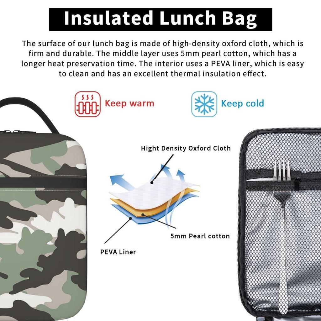 Camo Camouflage Isolierte Lunchtasche für Damen Kinder Auslaufsichere Lebensmittelboxen Thermische Lunchbox Tragetasche