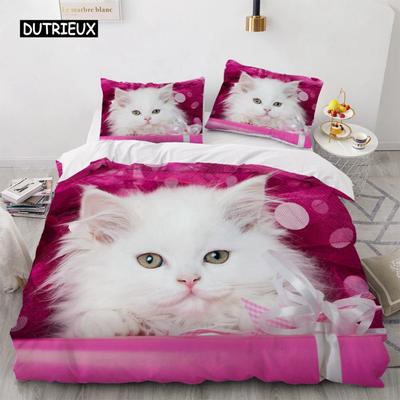 Juegos de Cama 3D Rojo Funda Nórdica Juego de Funda de Edredón Ropa de Cama Funda de Almohada Tamaño King Queen 210*210cm Diseño de Gato Mascota para Niños Niñas