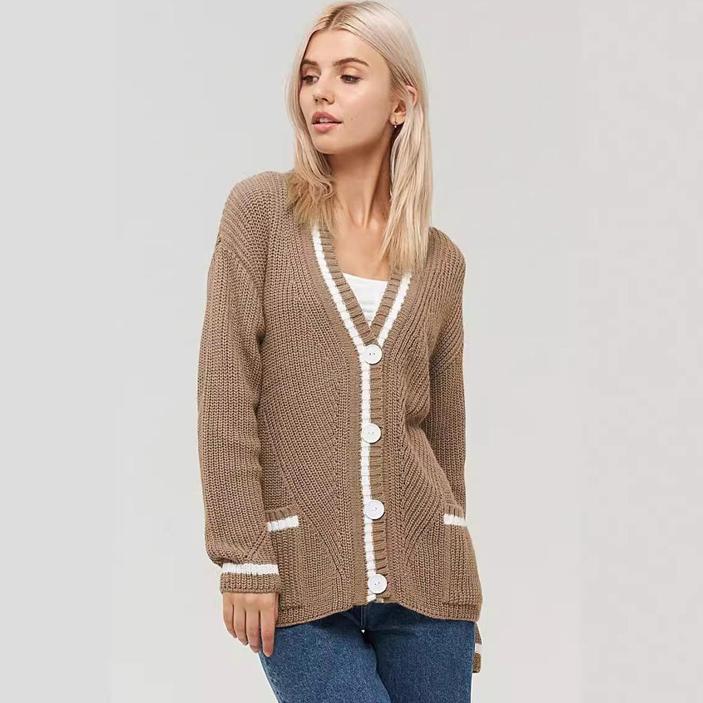 women's Knitted cardigan sweater autumn winter versatile V-neck pocket color matching knitted long-sleeved sweaters jacket women