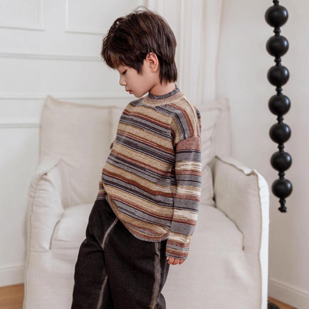 2025 Boys' Korean Style Striped Knitted Winter Sweater Pullover