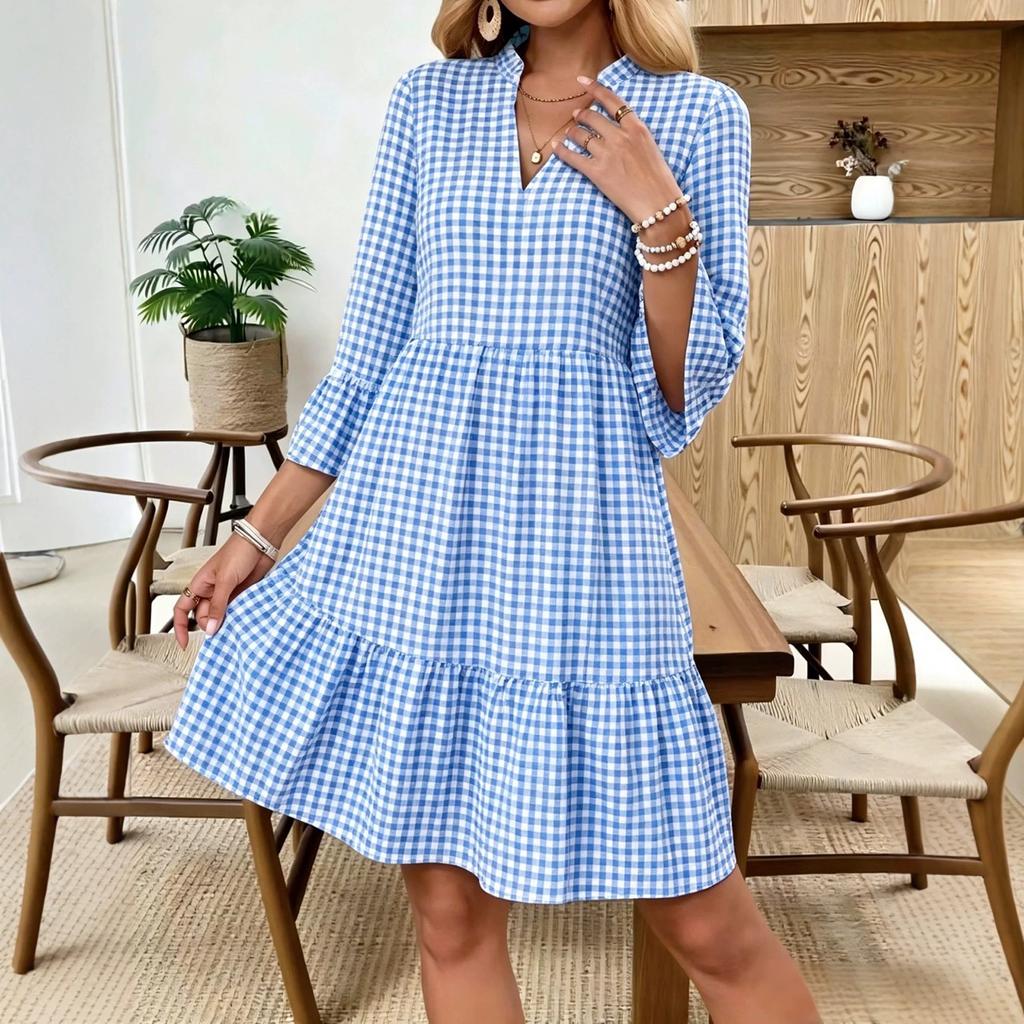 Women's V Neck Plaid Flared Sleeve Loose Fit Pullover Bohemian Vacation Dress Mid Length Casual Summer Dress