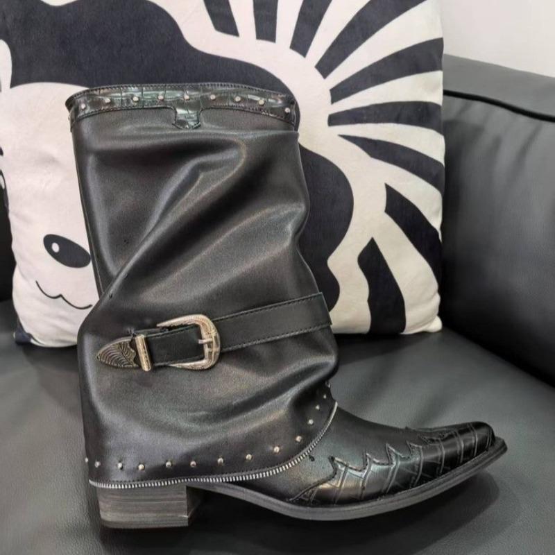 Fashion New Retro Boots Popular Flame Rivet Pleated Knight Boots Women Pointed Toe Chunky Heel Belt Buckle Black Leather Mid Calf Boots