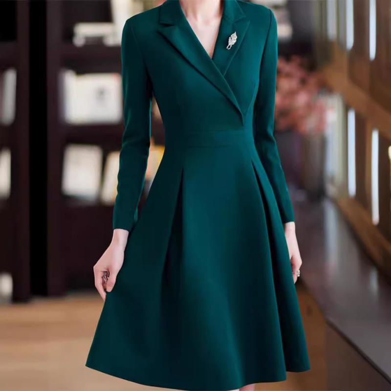 Tooxika New Solid Color Long-sleeved Dress Elegant Professional Style Suit Collar Waist Large Swing Skirt