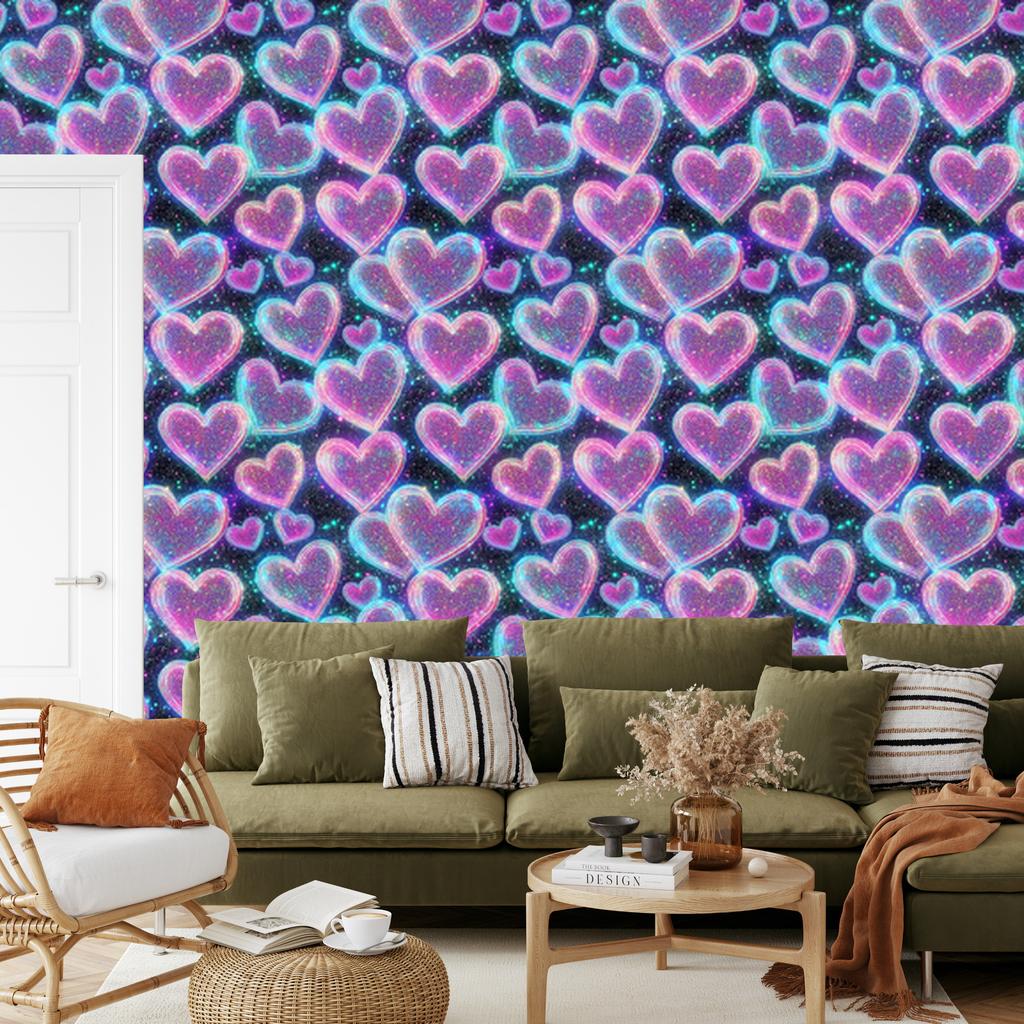 Neon Glitter Hearts Wallpaper Purple, Blue, Navy Blue and Lavender 50x1000