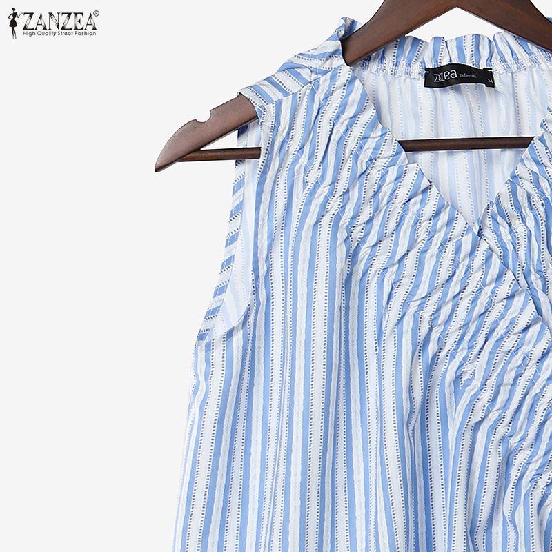 ZANZEA Women V Neck Sleeveless Pleated Striped Lace Hem Casual Tank Tops