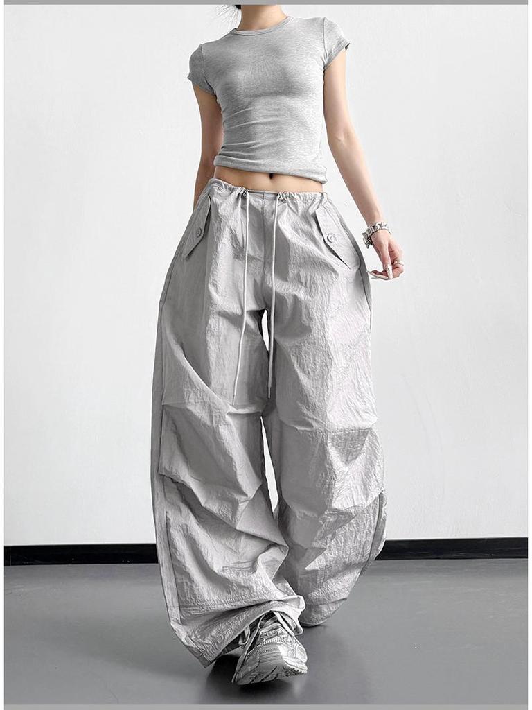 Women's Black Wide-Leg Paratrooper Pants - 2026 Spring Casual Outdoor Fashion