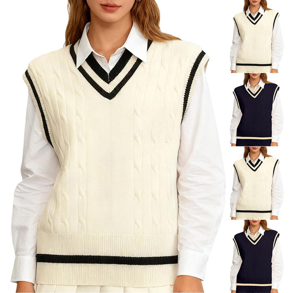 Women's Casual V-Neck Pullover Shirt Collision Color Sleeveless Sweater Vest