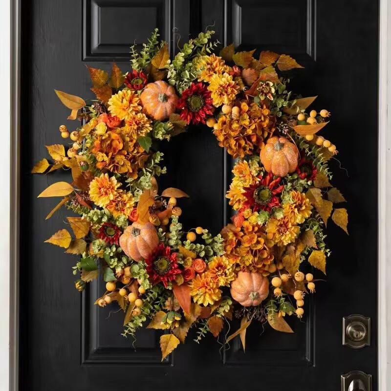45cm Fall Wreaths Pumpkin Berry Maple Leaf Artificial Wreath Harvest Autumn Front Door Wreath Christmas Halloween Home Decor