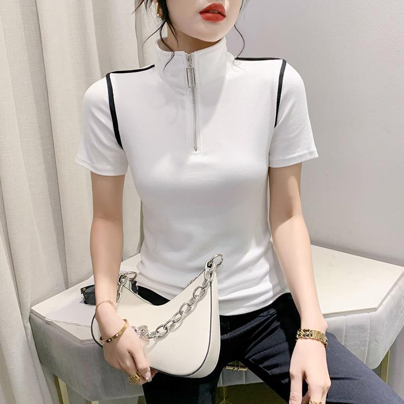 Tricou European pentru Femei cu Guler Ridicat și Fermoar la Jumătate, Design de Vară 2023, Top Versatil cu Mânecă Scurtă