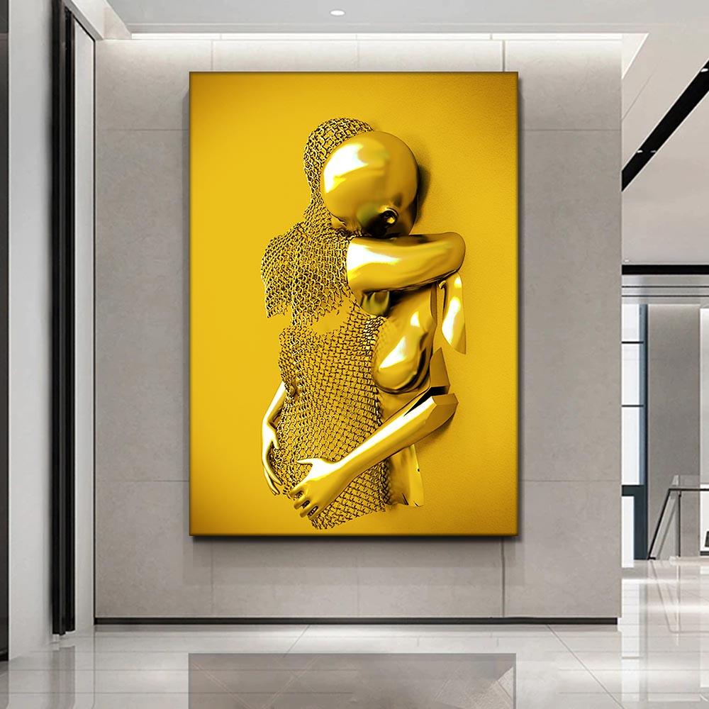 Love Couples Poster 3D Metal Figure Statue Canvas Painting Human Body Sculpture Wall Art Printing Picture for Home Room Decor