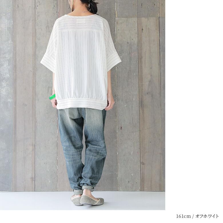 Oshare Walker Stripe Short Crew Upper Arm Loose tkn0045 n'OrLABEL [Ribbon Blouse] Shirt/Blouse, Spring/Summer, Women's Top, Sleeves, 3/4 Sleeves,