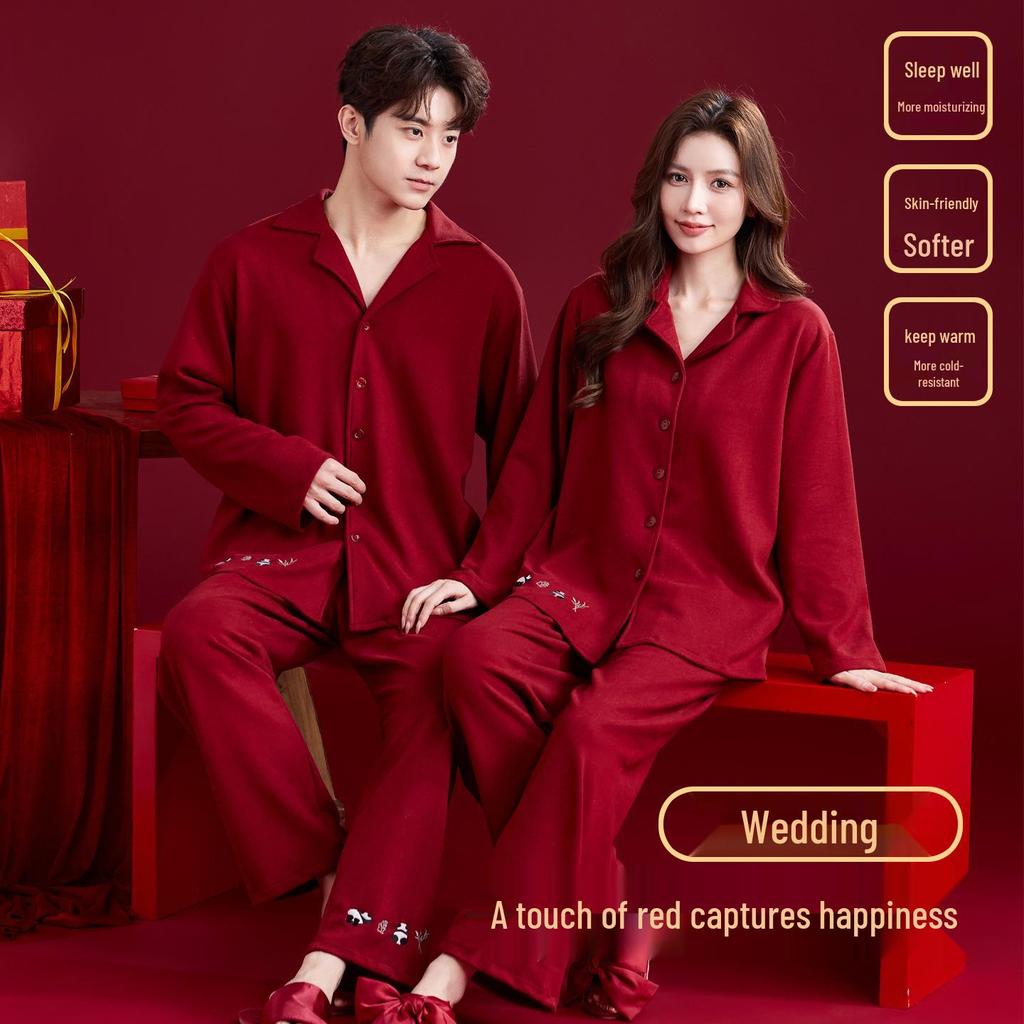 Rotes Hochzeits-Pyjama-Set für Paare - Herbst/Winter Plus Samt mit Rattenjahr-Design
