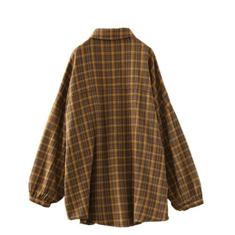 Women's New Spliced POLO Collar Button Plaid Pocket Fashion Loose and Versatile Casual Long-sleeved Shirt