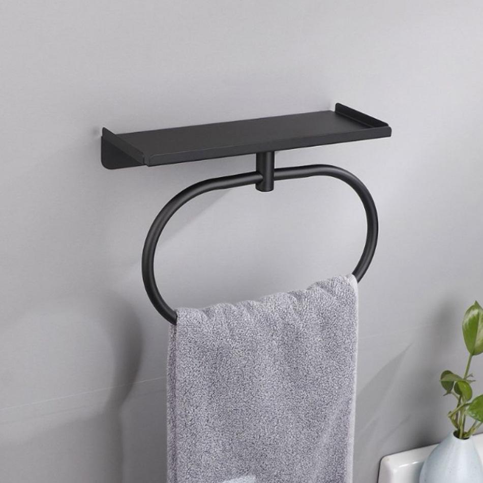 Bathroom Towel Ring with Shelf Stainless Steel Black Brushed Adhesive Wall Mounted Lavatory Oval Towel Holder Storage Hanger