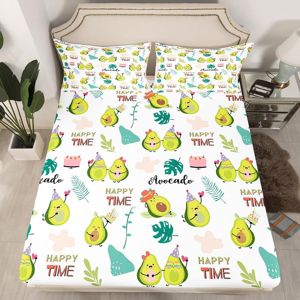Chapéu de Cama com Padrão de Frutas Abacate Desenho Animado Conjunto de Roupa de Cama de Quatro Peças Decoração de Roupa de Cama para Quarto de Dormitório