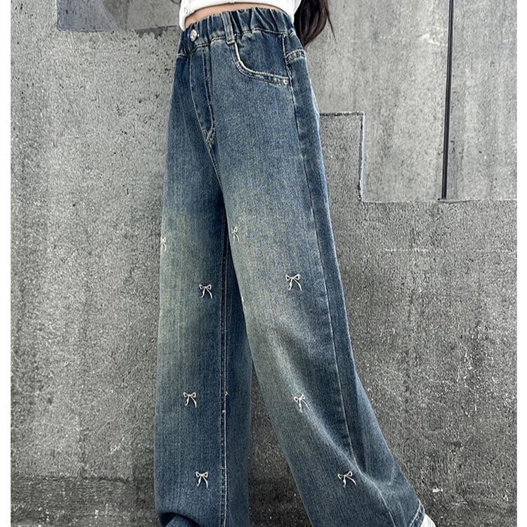 Blugi de fete Primăvară și Toamnă Pantaloni cu picior drept Pantaloni la modă și stilați cu picior lat Pantaloni largi de fete