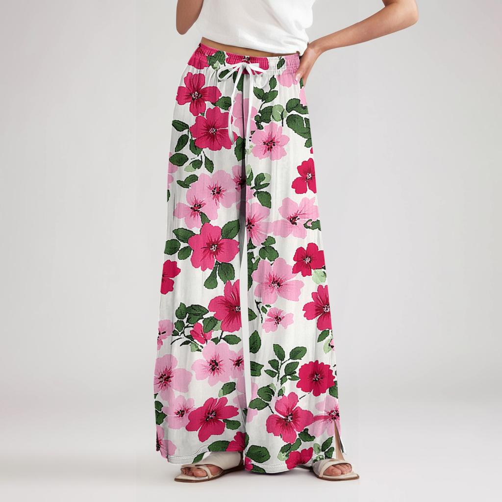 Women’s Wide Leg Pants High Waist Drawstring Loose Fit Lightweight Floral Print Trousers for Casual Summer Wear