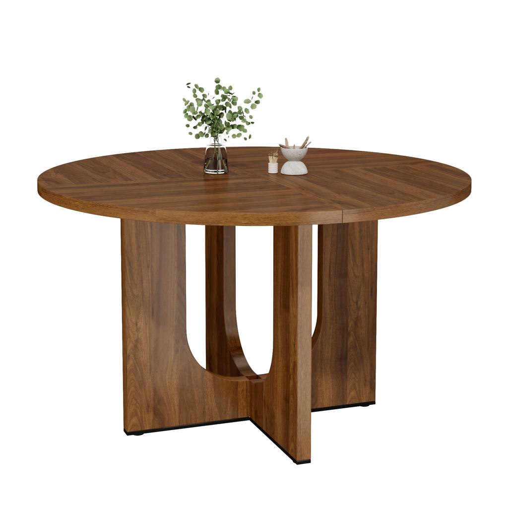 Round Dining Table, 120 x 120 cm, Suitable for 4-6 People, Classic Design, Scandinavian-Minimalist Style, Walnut Wood Color (without chair)