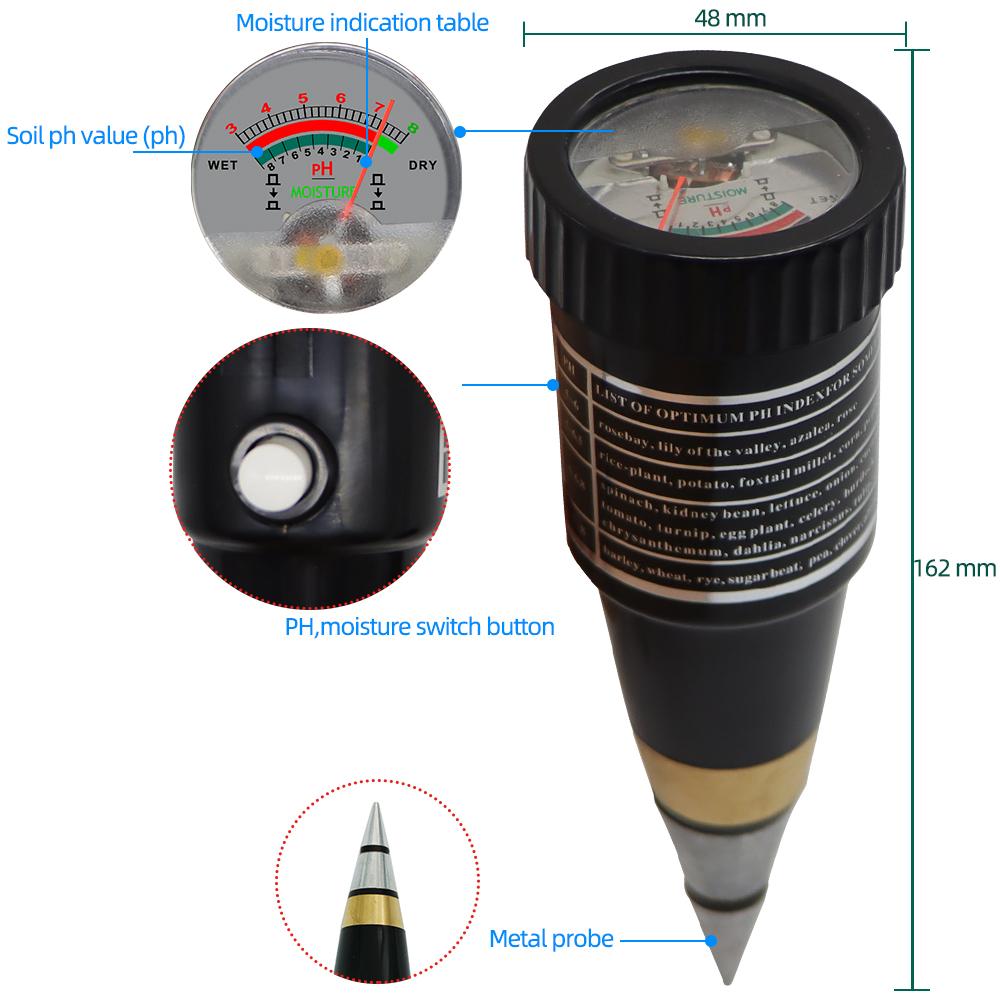 Handheld Soil Moisture PH Meter Acidity Humidity Tester Metal Sensor Probe 3~8ph Hygrometer for Planting Garden Tool No Battery