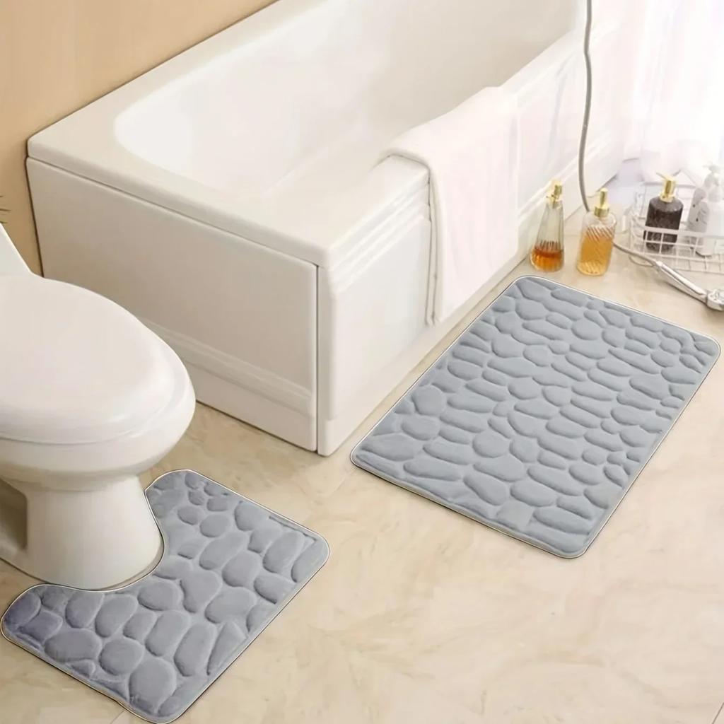 Thickened embossed pebble coral fleece floor mat, bathroom floor mat, toilet U-shaped bathroom absorbent foot mat two-piece set
