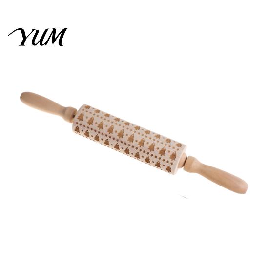 Wooden Dough Roller for Cookies Christmas Pattern Engraved Rolling Pin, Non-slip Handle Party Baking Supplies Roller, Decorative Kitchen Tool Embossed