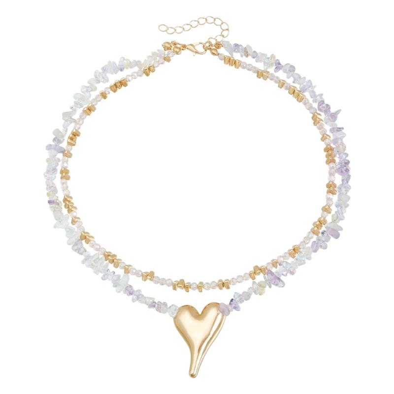 Fashionable Natural Stone Heart Pendant Necklace Adjustable Length Neckchain Lightweight Jewelry For Casual Or Party