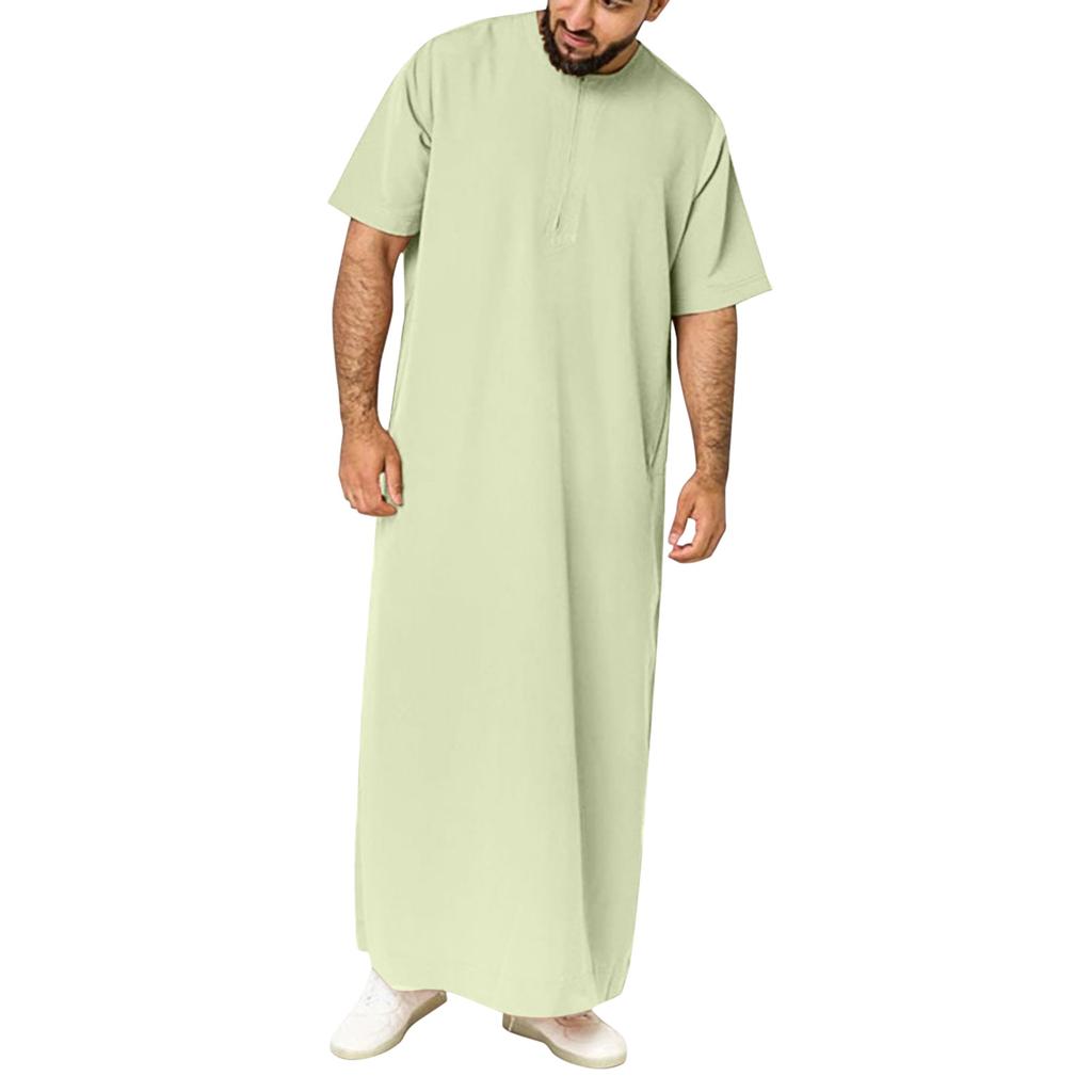 Short Sleeve Robes Thobe Pure Color Jubba Gowns Muslim Kaftan Men Arab East Islamic Long Robe Middle