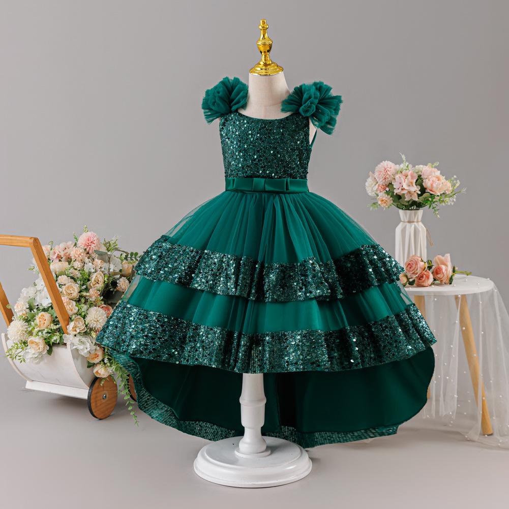 Pailletten-Prinzessinnenkleid: Formelles Kleid für Mädchen für Geburtstage und Partys – Schleife, Pailletten, Trägerlos, Schleppe